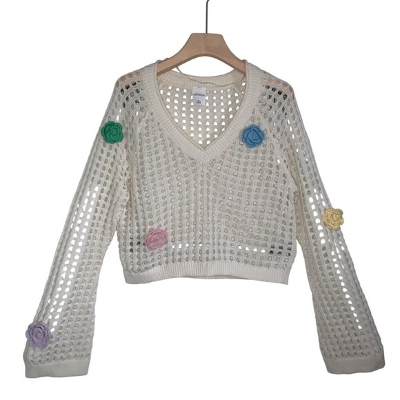 Wild Fable Womens Open-Knit Cropped Sweater w/ Colorful Crochet Flowers Medium - Picture 4 of 12
